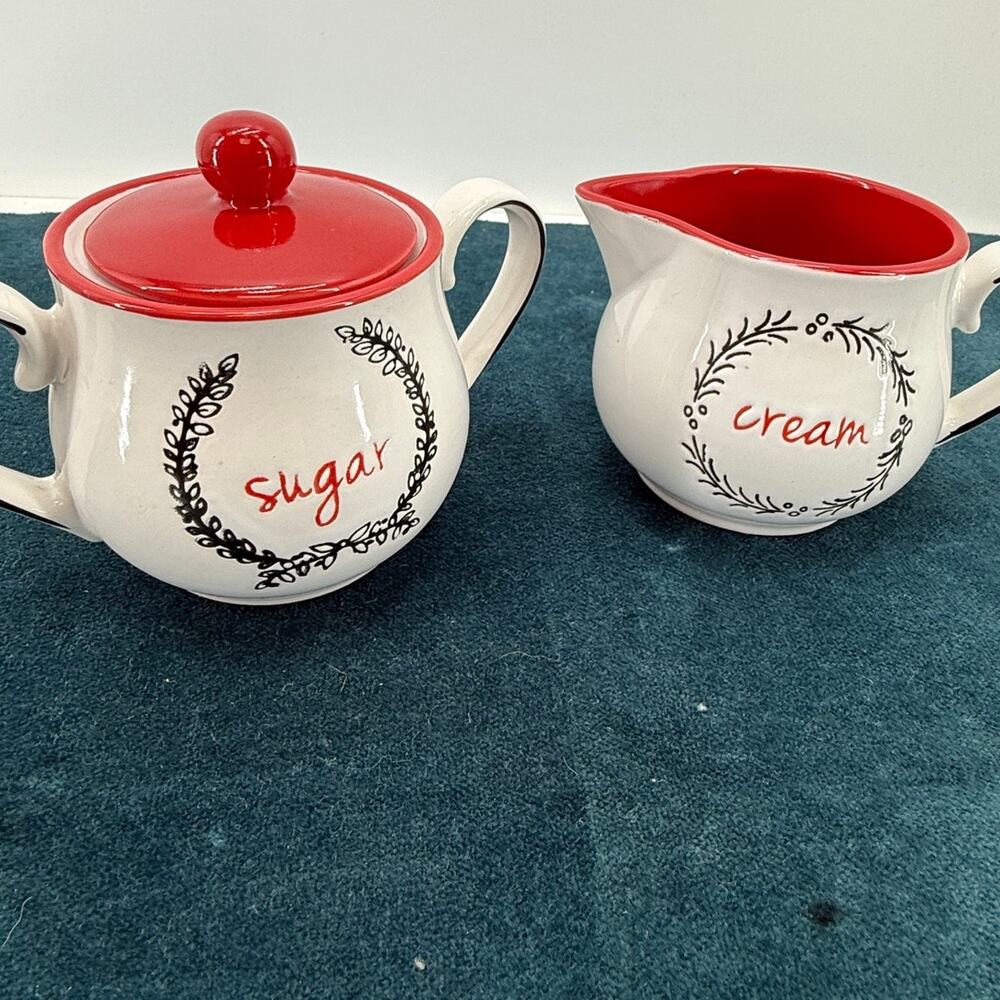 Farmhouse Sugar Bowl Creamer Set Red White Black Cottage Country Kitchen Decor